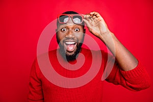 Portrait of impressed guy with eyewear eyeglasses screaming wow omg hear wonder winter season sales shopping discounts