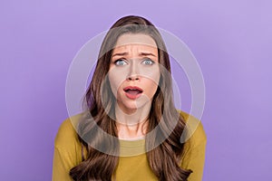 Portrait of impressed speechless person open mouth look camera  on violet color background