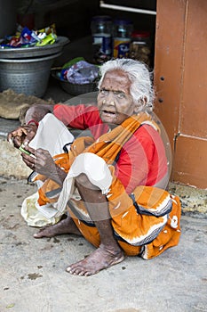 Portrait of an Indian old senior poor woman with saree
