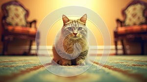 Portrait of an indoor house cat on a vintage carpet with 70\'s era inspired decor - generative AI