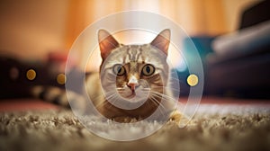 Portrait of an indoor house cat on a vintage carpet with 70\'s era inspired decor - generative AI