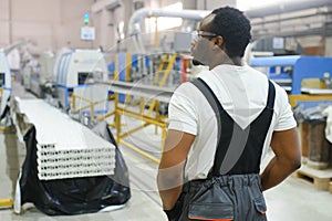 Portrait of industrial engineer. factory worker standing in factory production line