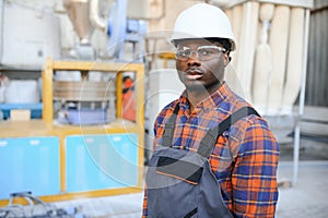 Portrait of industrial engineer. Smiling factory worker with hard hat standing in factory production line