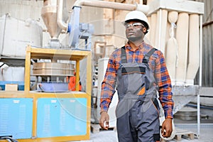 Portrait of industrial engineer. Smiling factory worker with hard hat standing in factory production line