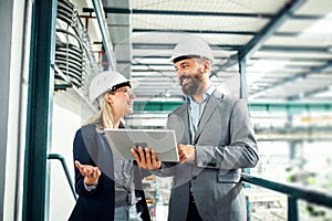 A portrait of an industrial man and woman engineer with tablet in a factory, working.