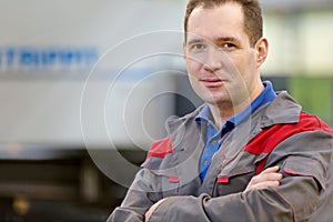 Portrait industrial man worker in manufacture workshop