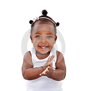 Portrait, infant and baby with a smile, applause and happiness isolated against a white studio background. Face, female