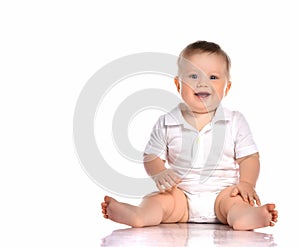 Portrait of infant child baby boy toddler with dark blue eyes.