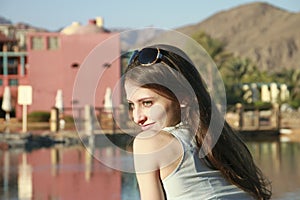 The portrait of innocence beautiful girl in blue