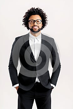 Portrait of inteligente handsome african-american businessman in formal wear and stylish eyeglasses standing with hands photo