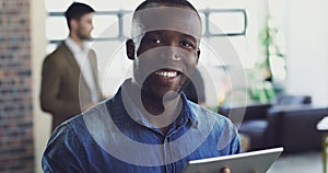 Portrait, internship and black businessman at tech startup with a tablet in an office, workplace and company. Young