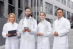Portrait of an interracial young group of people, male and female doctors and scientists, standing outside a building in