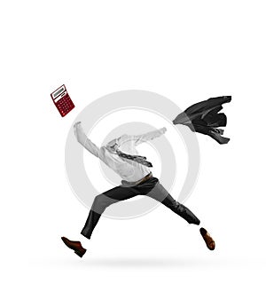 Portrait of invisible man wearing modern business style outfit running, jumping isolated on white background. Concept of