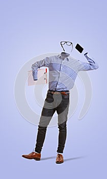 Portrait of invisible man wearing modern business style outfit talking on phone against blue background. Concept of