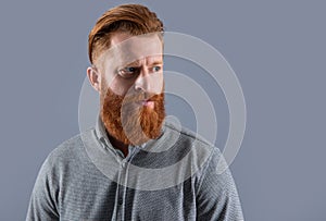 Portrait of Irish man looking aside. Serious man with red beard. Bearded man with unshaven face