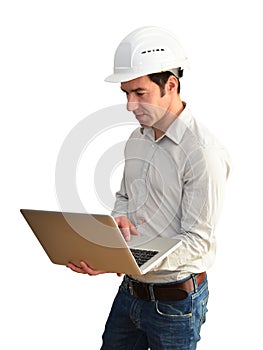 Portrait isolated friendly architect with notebook on white back