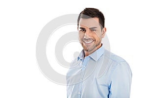 Portrait: Isolated handsome smiling business man over white.