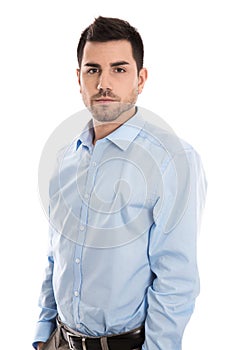 Portrait: Isolated handsome smiling business man over white.