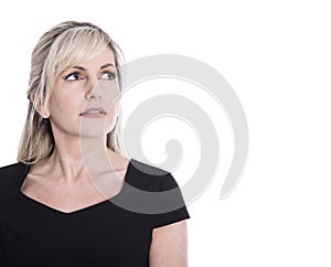 Portrait of isolated mature woman face looking sorrowful and pen photo