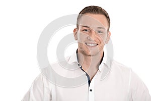 Portrait: isolated young blond nordic man over white.