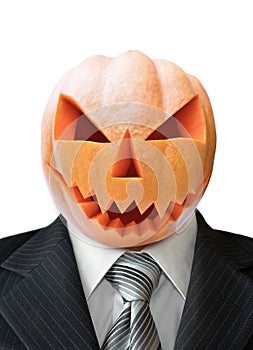 Portrait of Jack Lantern from pumpkin in black business suit.