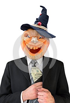 Portrait of Jack Lantern from pumpkin in black business suit. Jack Lantern keeps money in his hands.