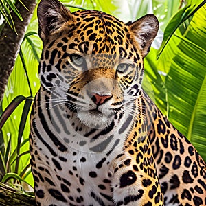 Portrait of a jaguar in the jungle.