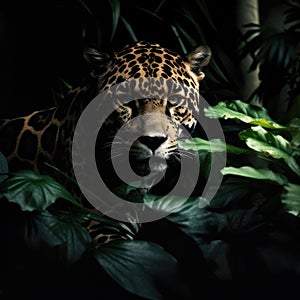 Portrait of jaguar in tropical jungle leaves and plants, created using generative ai technology