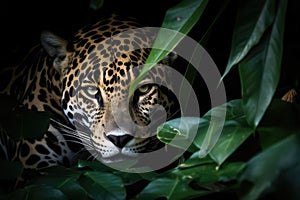 Portrait of jaguar in tropical jungle leaves and plants, created using generative ai technology