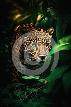 Portrait of jaguar in tropical jungle leaves and plants, created using generative ai technology