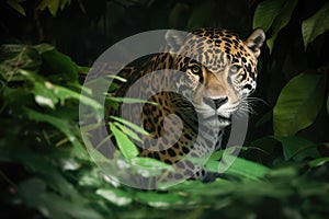 Portrait of jaguar in tropical jungle leaves and plants, created using generative ai technology