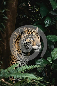 Portrait of jaguar in tropical jungle leaves and plants, created using generative ai technology