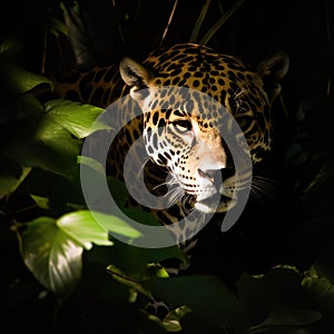 Portrait of jaguar in tropical jungle leaves and plants, created using generative ai technology