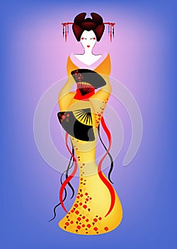 Portrait of Japanese or asian girl, traditional style with Japanese kimono, madama butterfly style. Traditional geisha colorful