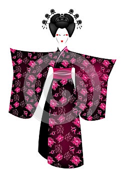 Portrait of Japanese or asian girl, traditional style with Japanese kimono, madama butterfly style. Traditional geisha costume