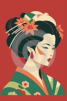 Portrait japanese geisha in kimono, japan woman in traditional floral ornament