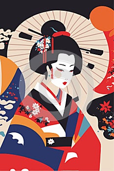 Portrait japanese geisha in kimono, japan woman in traditional floral ornament