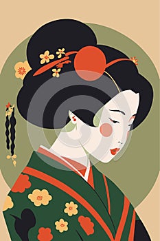 Portrait japanese geisha in kimono, japan woman in traditional floral ornament