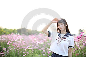 Portrait of Japanese school girl uniform with pink cosmos flower