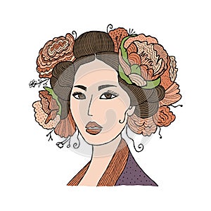 Portrait of Japanese woman with floral hairstyle. Geisha, maiko, princess. Print, poster, t-shirt, card. Vector