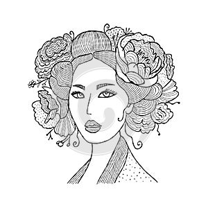 Portrait of Japanese woman with floral hairstyle. Geisha, maiko, princess. Print, poster, t-shirt, card. Vector