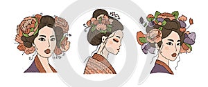 Portrait of Japanese women with floral hairstyle. Geisha, maiko, princess. Print, poster, t-shirt, card. Vector