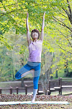 Portrait of Japanewe woman doing yoga tree pose