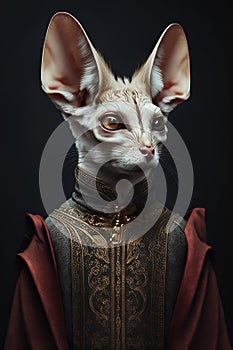 portrait of jerboa in human clothes on dark background