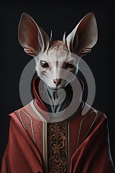 portrait of jerboa in human clothes on dark background