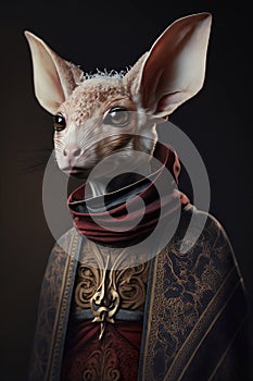 portrait of jerboa in human clothes on dark background