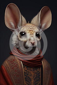 portrait of jerboa in human clothes on dark background