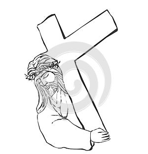 Portrait of Jesus carrying cross - isolated illustration