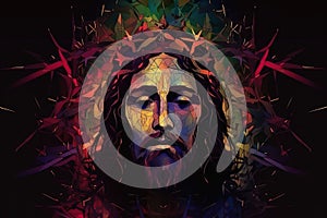 Portrait Jesus Christ crown of thorns banner original abstract art with space for copy text, easter and good friday. Generative AI