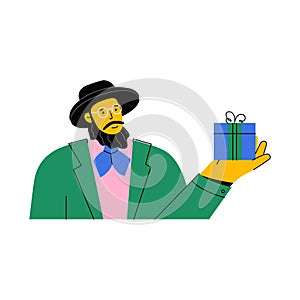 Portrait of Jew with beard wearing hat and glasses giving gift